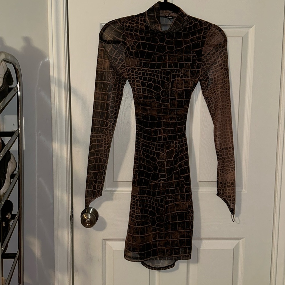 Fashion Nova Brown Croc-Print Long Sleeve Bodycon Dress